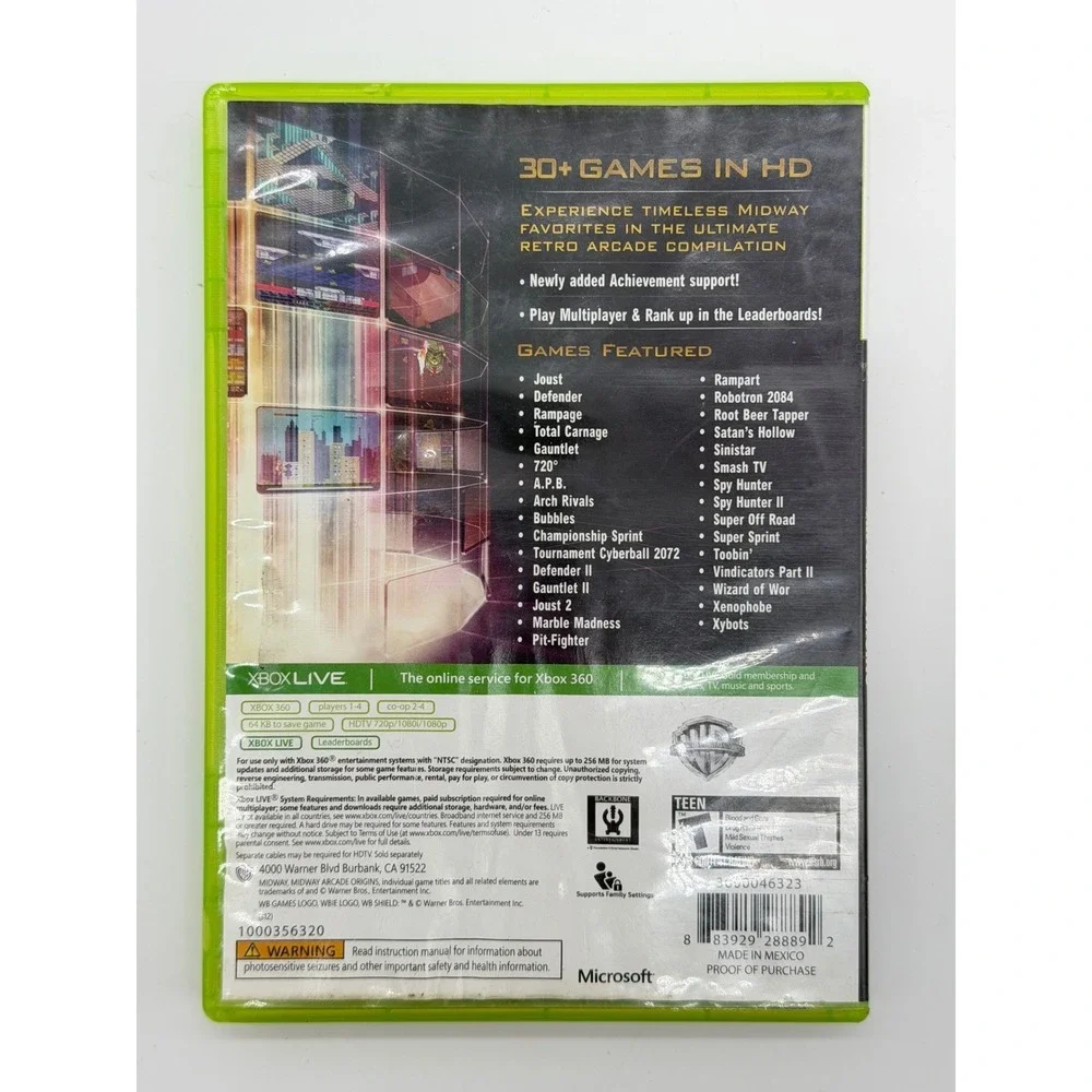 Warner Bros Midway Arcade Origins Xbox 360 Video Game Retro Collection 30+ Games